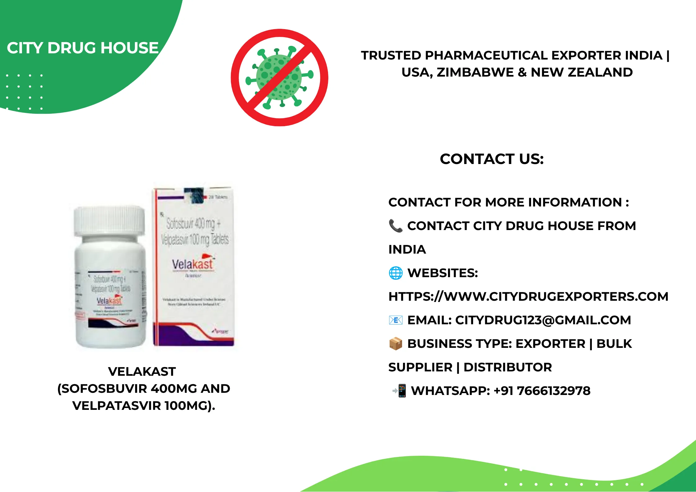 Velakast 400/100 Exporter to USA, Zimbabwe & NZ | City Drug House INDIA