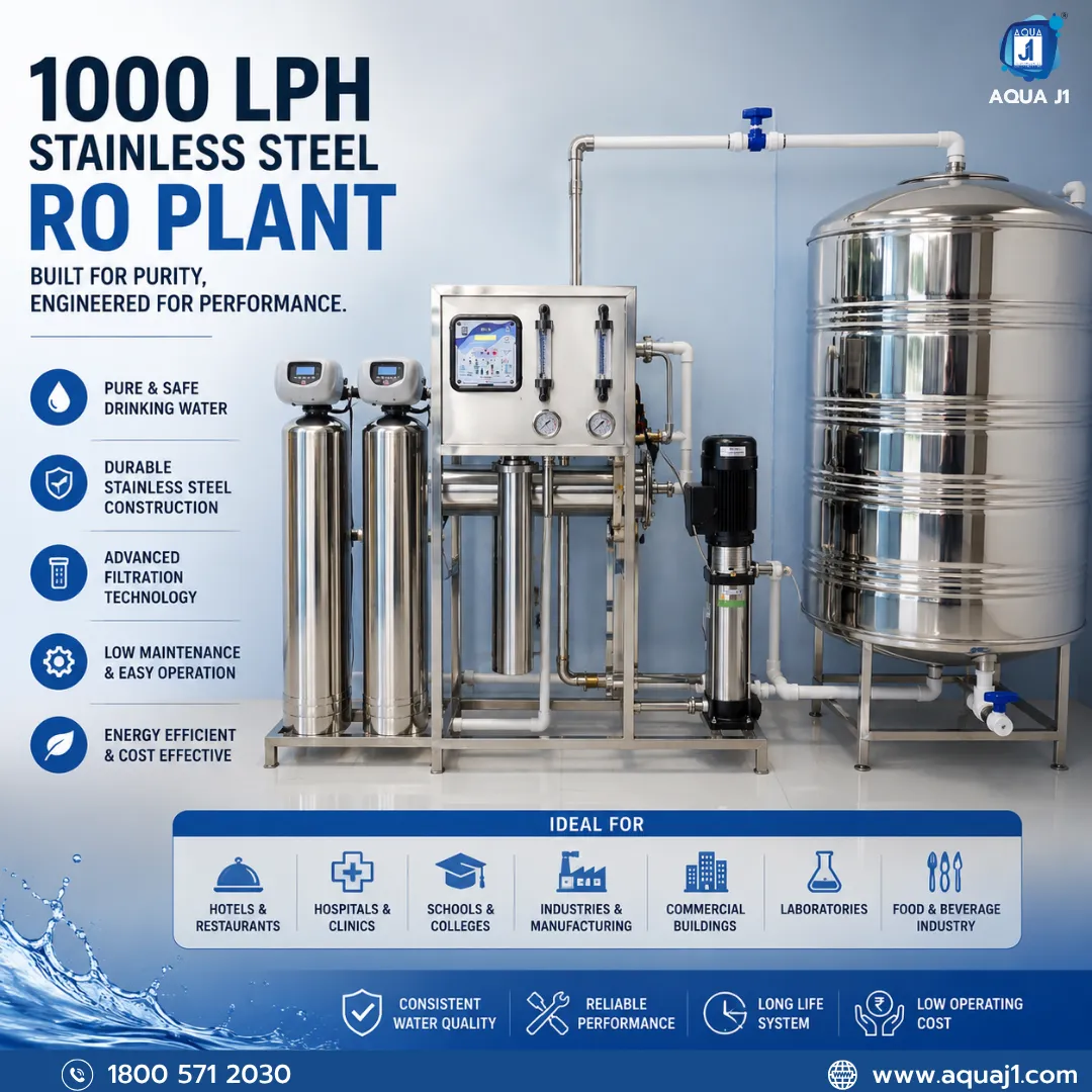 1000 LPH Stainless Steel RO Plant Manufacturer Pune | Aqua J1 Technologies