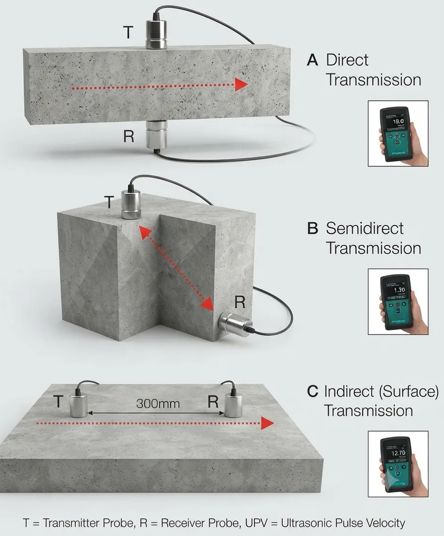 Comparing UPV Testing Arrangements in Concrete: Direct, Semi-Direct, and Indirect Methods,