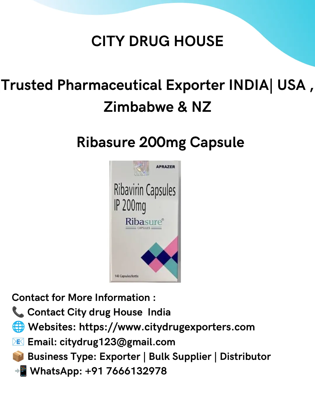 Ribasure 200 mg (Ribavirin) Exporter to USA, Zimbabwe & NZ | City Drug House INDIA