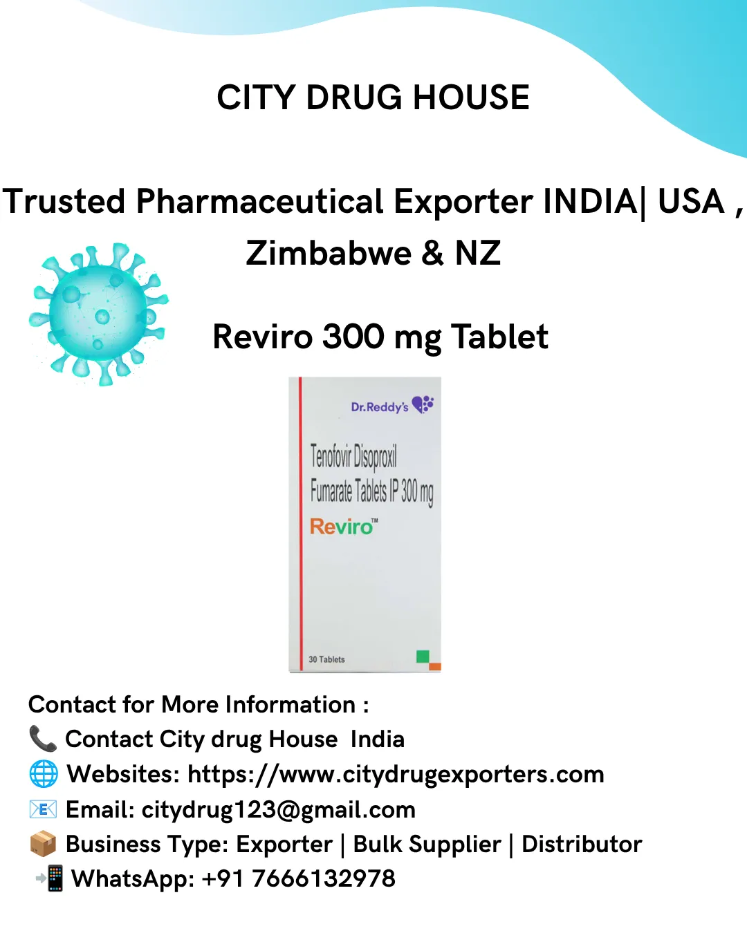 Reviro 300 mg tablet Exporter to USA, Zimbabwe & NZ | City Drug House INDIA