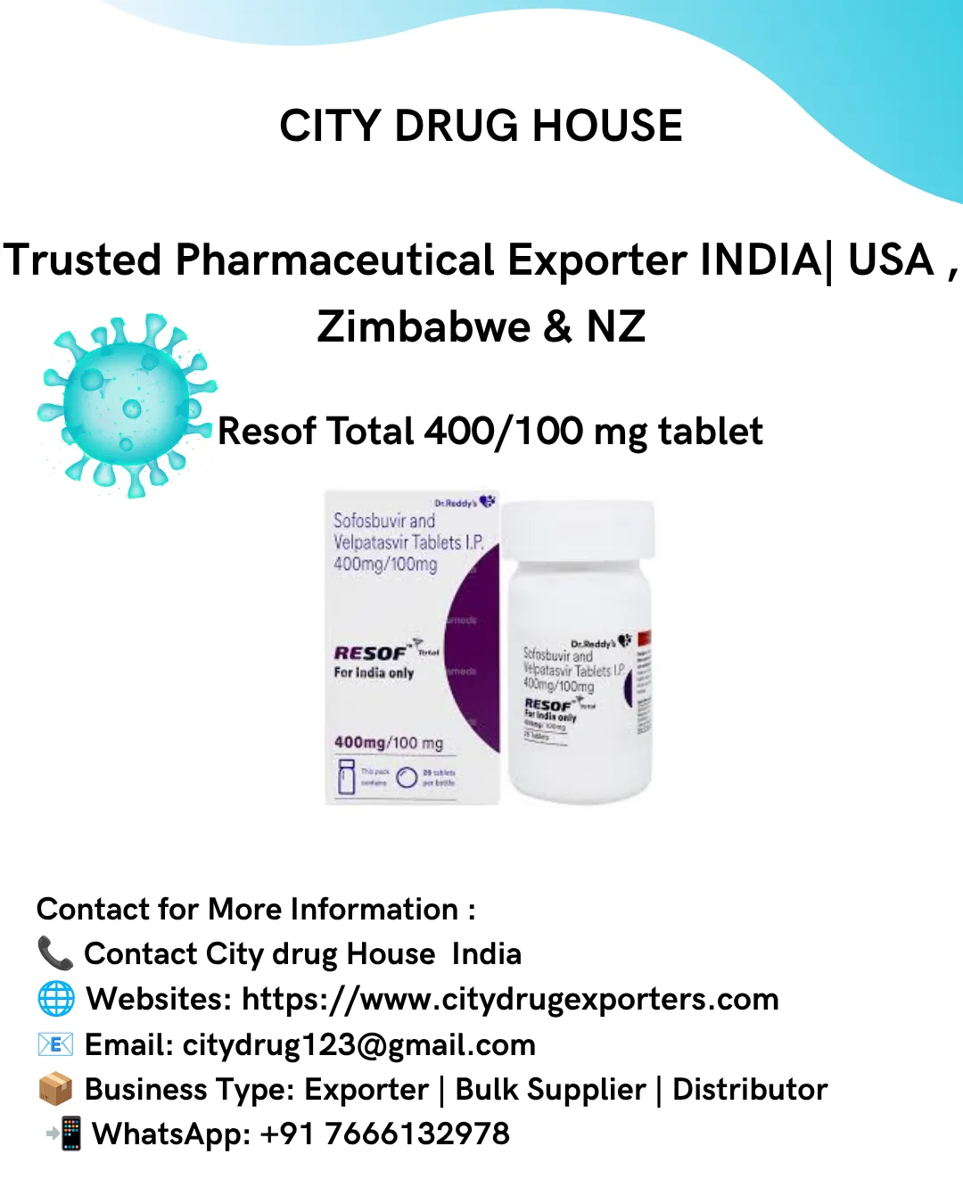 Resof Total 400/100 mg tablet Exporter to USA, Zimbabwe & NZ | City Drug House INDIA