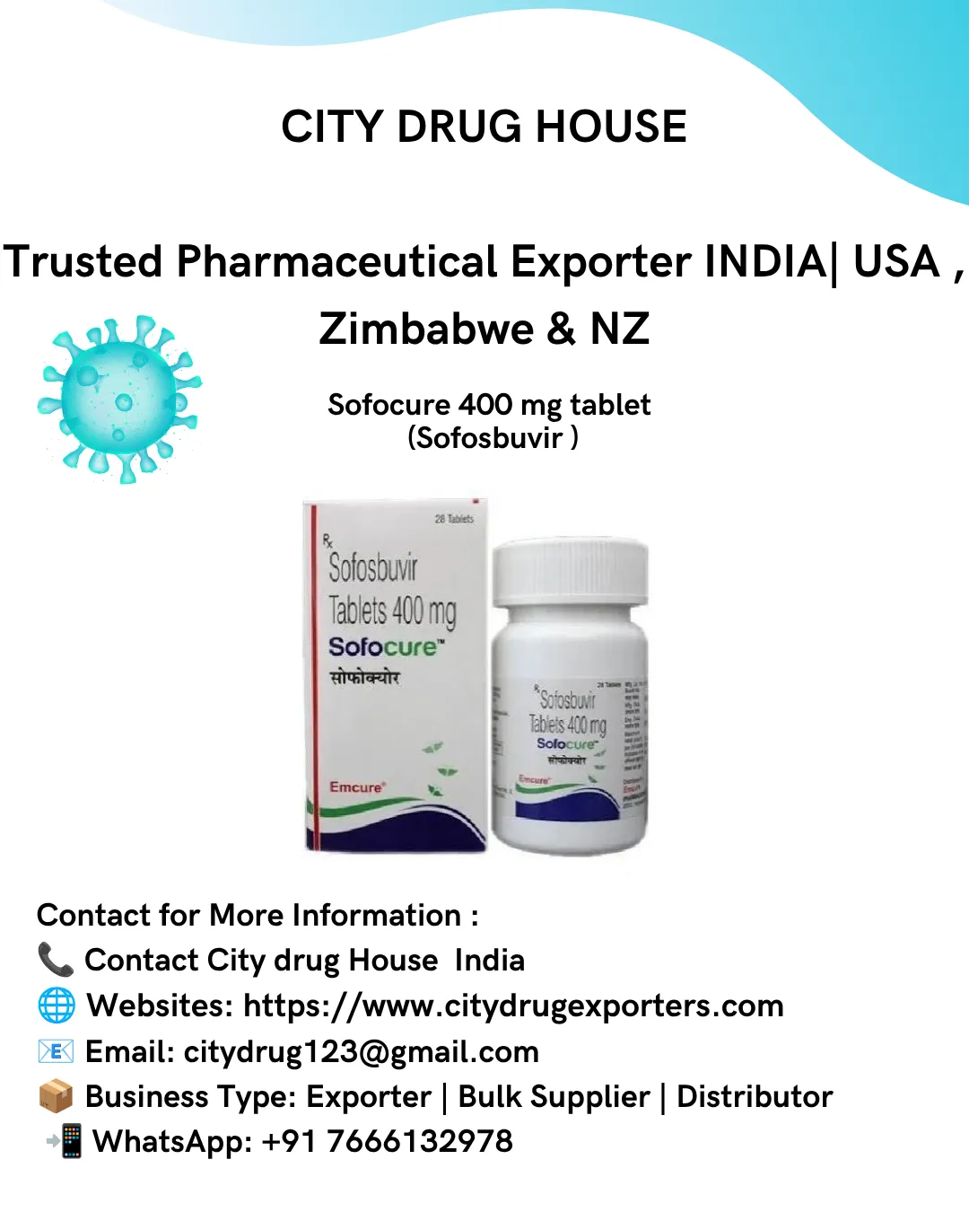 Sofocure 400 mg tablet ( Sofosbuvir ),Exporter to USA, Zimbabwe & NZ | City Drug House INDIA