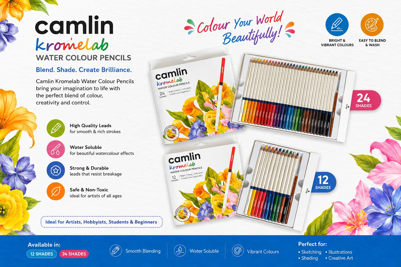 Camlin Kromelab Water Colour Pencils Assorted Pack – 12 / 24 Shades