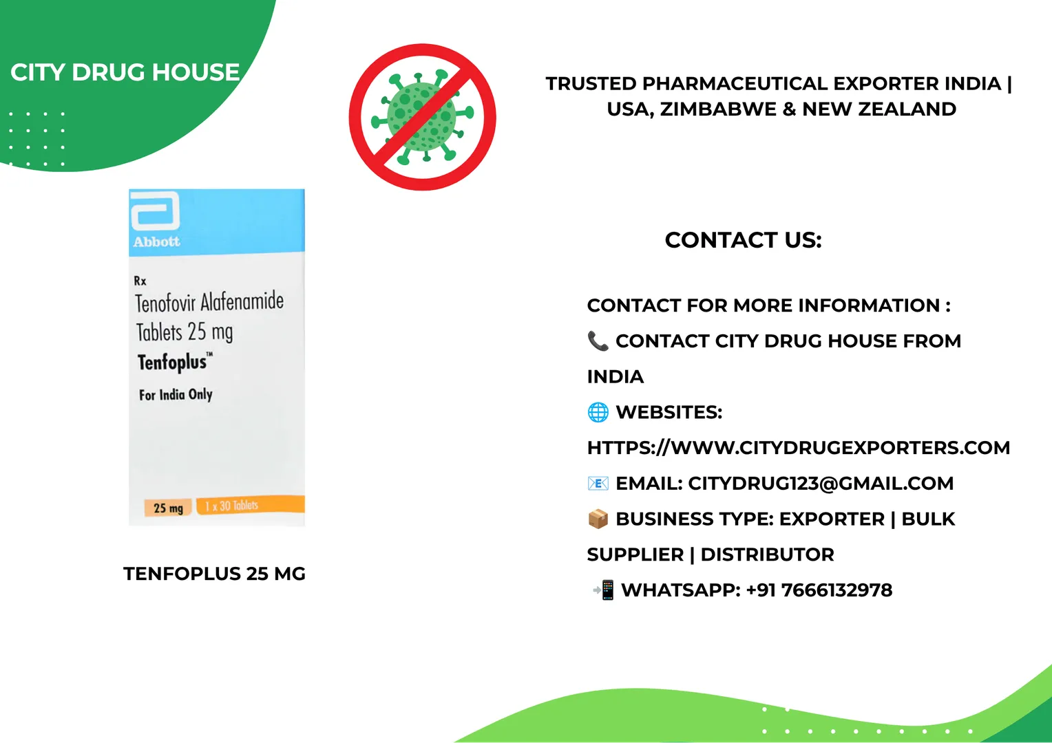 Tenfoplus 25 mg tablet Exporter to USA, Zimbabwe & NZ | City Drug House INDIA