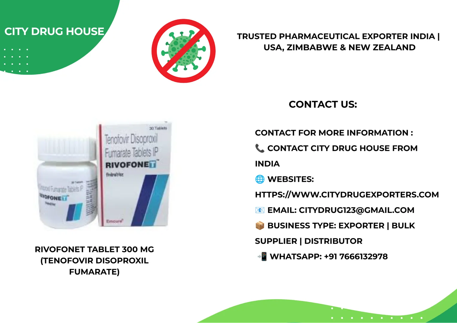 Rivofonet Tablet 300 mg Exporter to USA, Zimbabwe & NZ | City Drug House INDIA