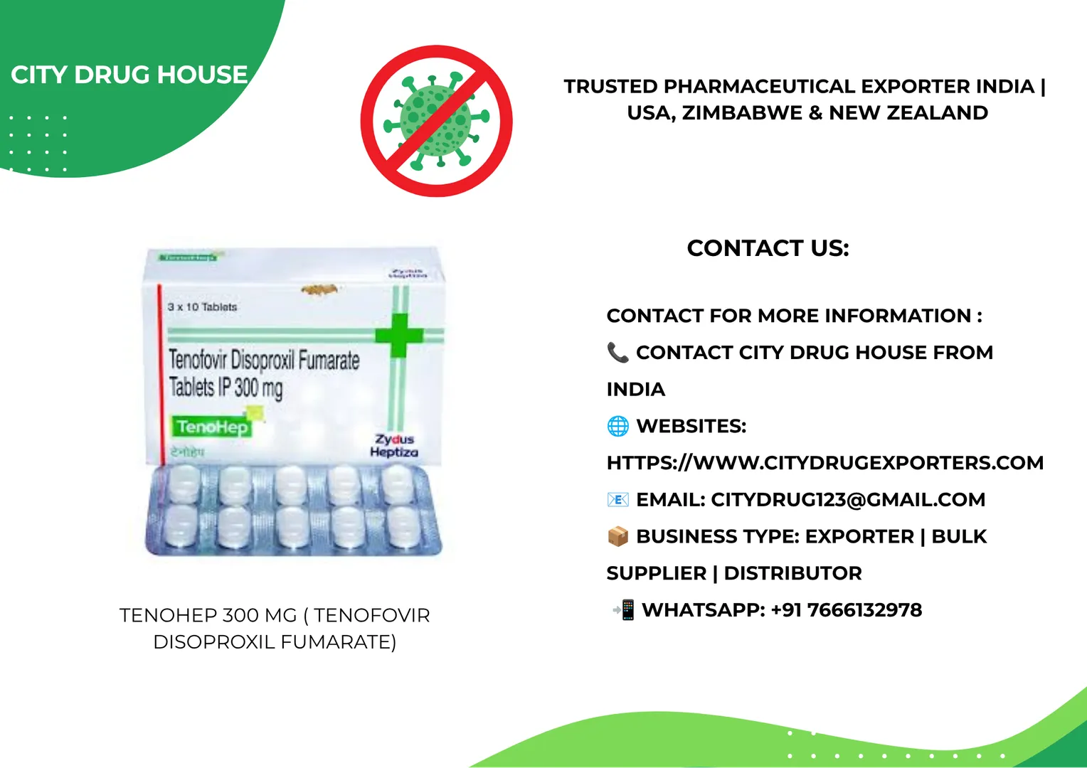 Tenohep 300 mg ( Tenofovir disoproxil fumarate)| City Drug House Exporter to USA & Africa