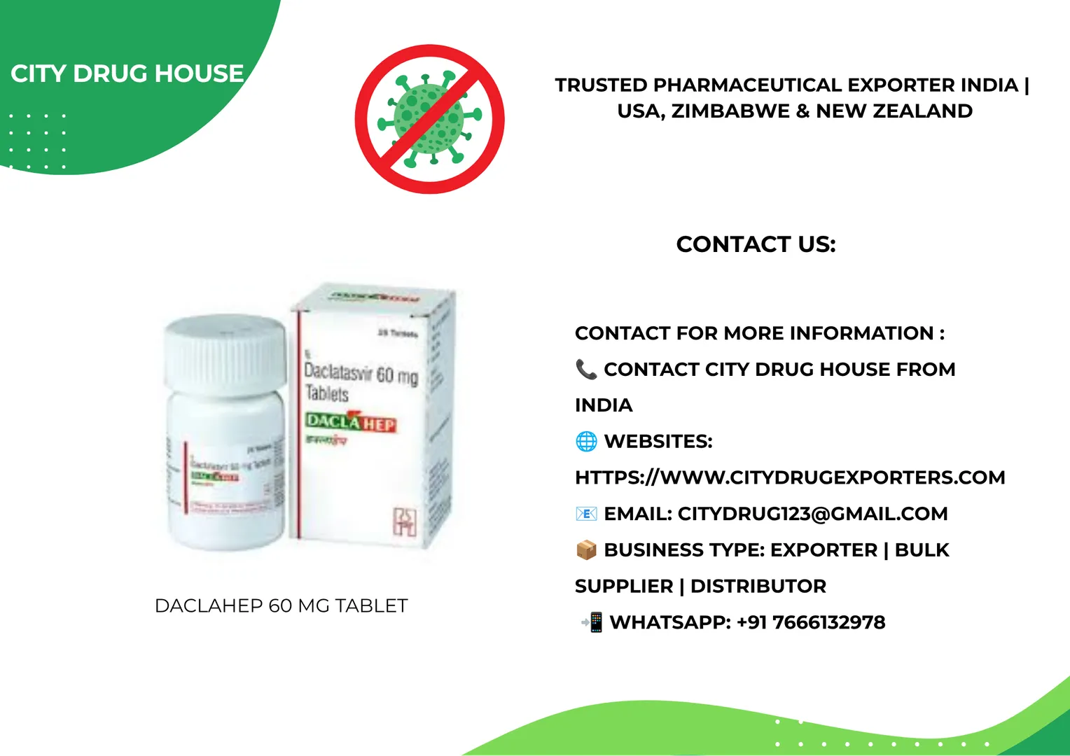 Daclahep 60 mg tablet , Daclatasvir Exporter | USA, New Zealand & Zimbabwe