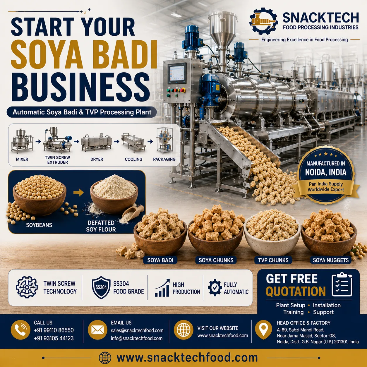 Best Soya Badi Machine Manufacturer in India | Automatic TVP Extruder & Complete Processing Plant