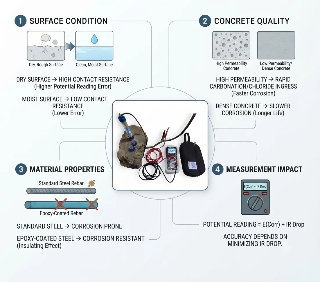 Effect of Surface Condition, Concrete Quality, and Material Properties on Potential Measurements