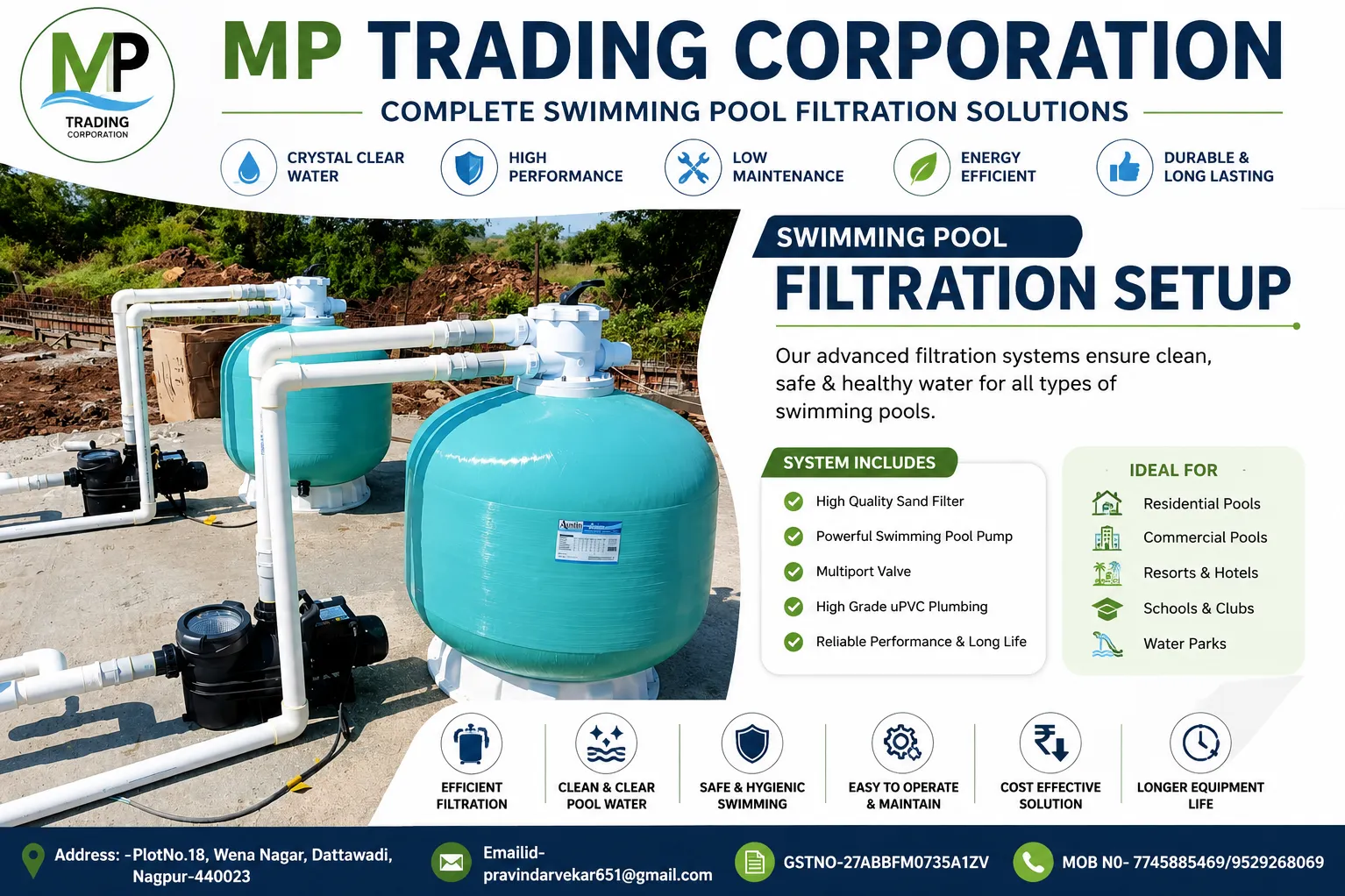 Complete Swimming Pool Filtration System in Nagpur | Sand Filters, Pumps & Pool Equipment