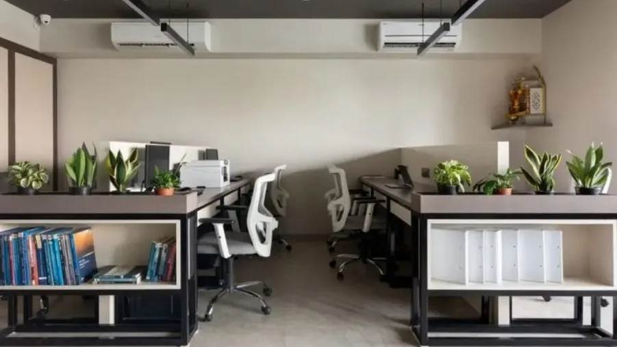 Paired employee workstations interior design