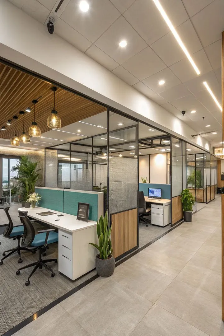 Teal acoustic workstation panels interior design