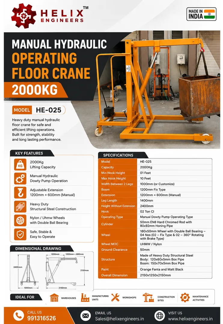 Hydraulic Floor Crane 02 Ton Manufacturer & Supplier – Helix EngineersHelix Engineers is a trusted H...