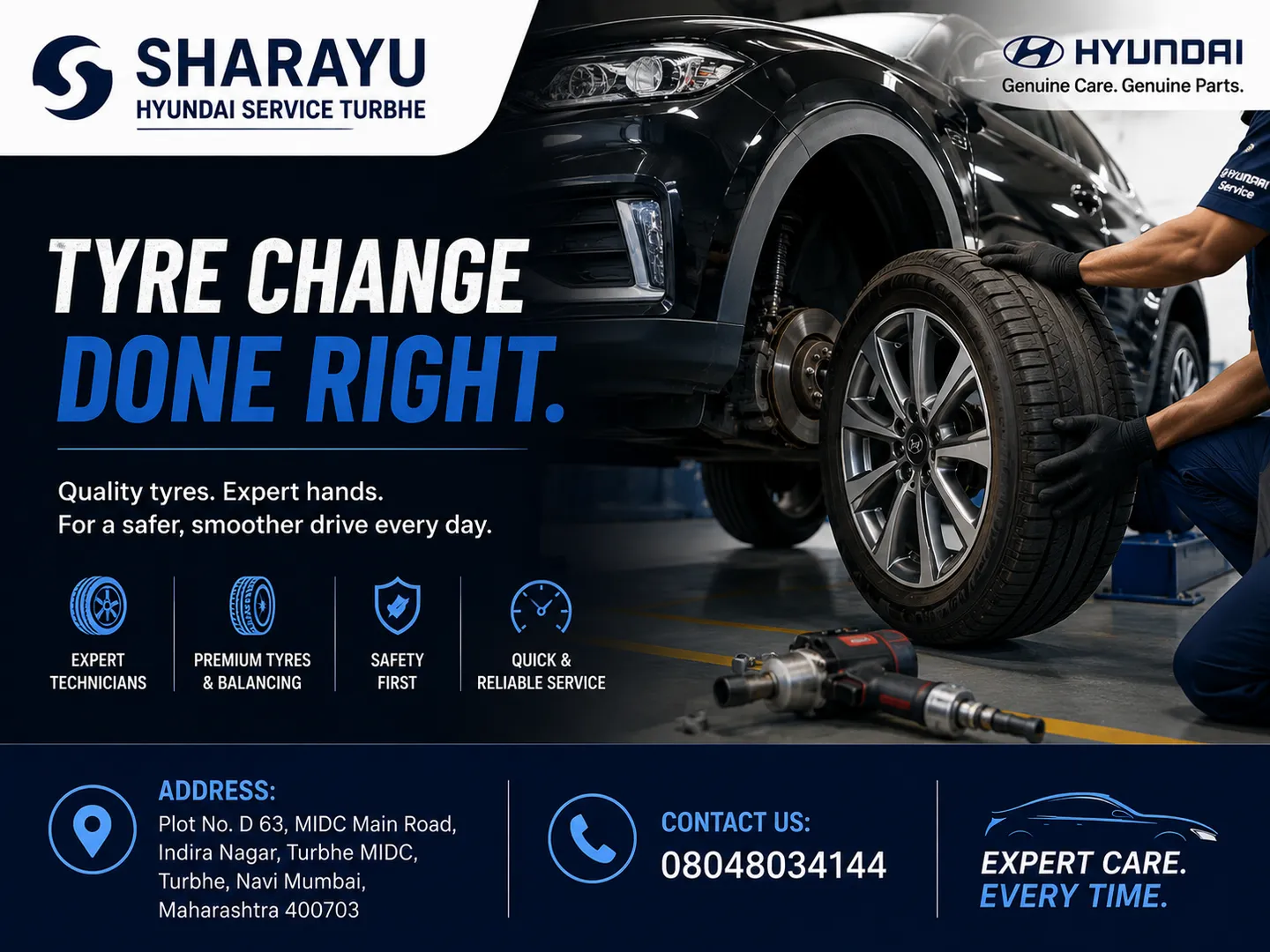 Hyundai Tyres Near Me in Turbhe, MIDC & Indira Nagar | Tyre Change & Replacement – Sharayu Hyundai