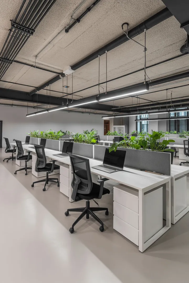 Biophilic Office Workstations with Integrated Planter Dividers