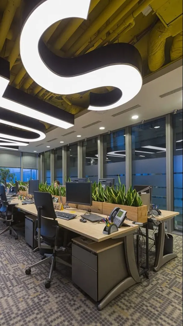 Biophilic Office Workstations with Sculptural LED Ceiling Lighting