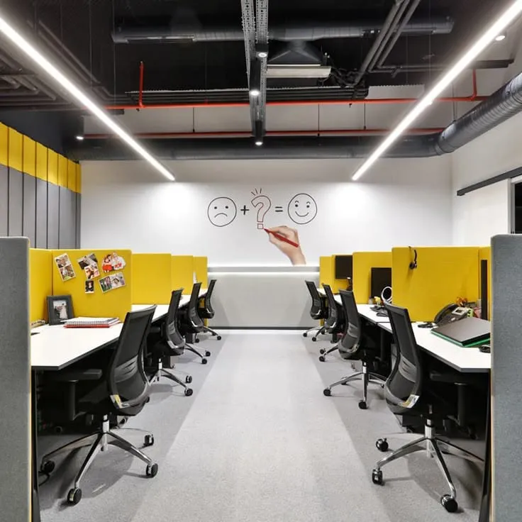 Creative Yellow Office Workstations with Collaborative Workspace Design