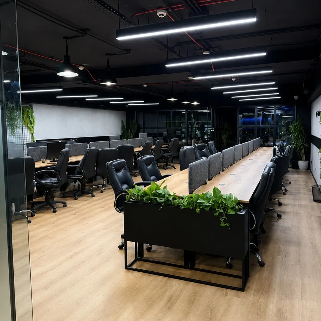 Premium Industrial Office Workstations with Wooden Desks and Planter Dividers