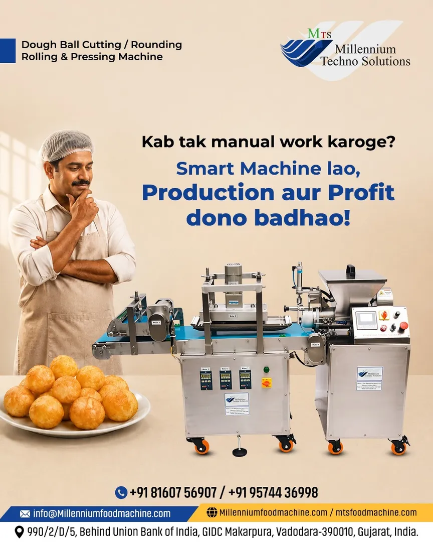 Switch to Millennium Techno Solutions' Dough Ball Cutting, Rounding, Rolling & Pressing Machine to d...