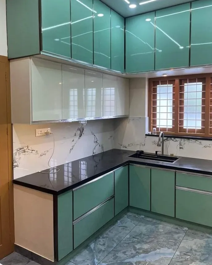 Fresh Mint Green L Shaped Modular Kitchen with Glossy Cabinets