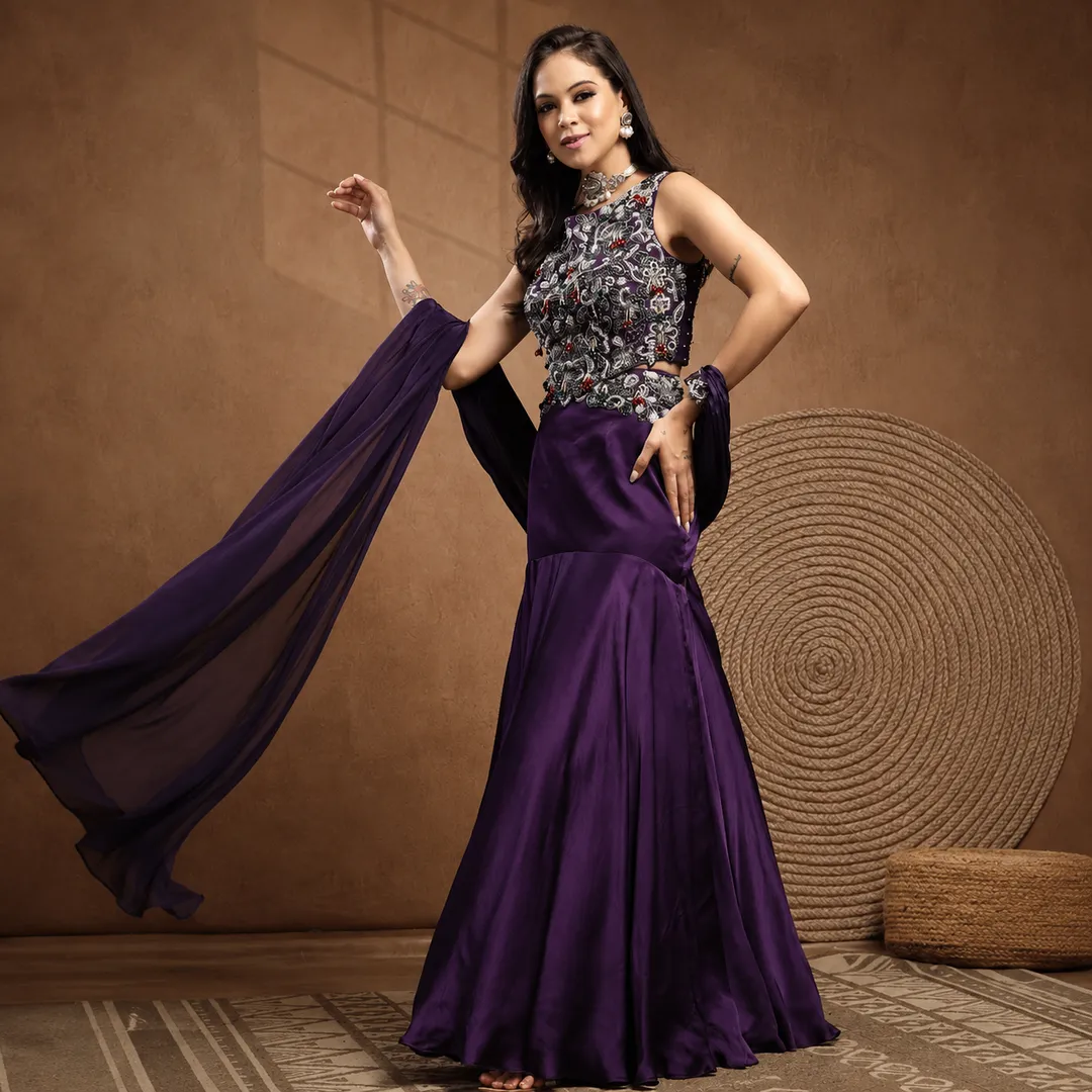 Embroidered Purple Peplum Lehenga with Dupatta