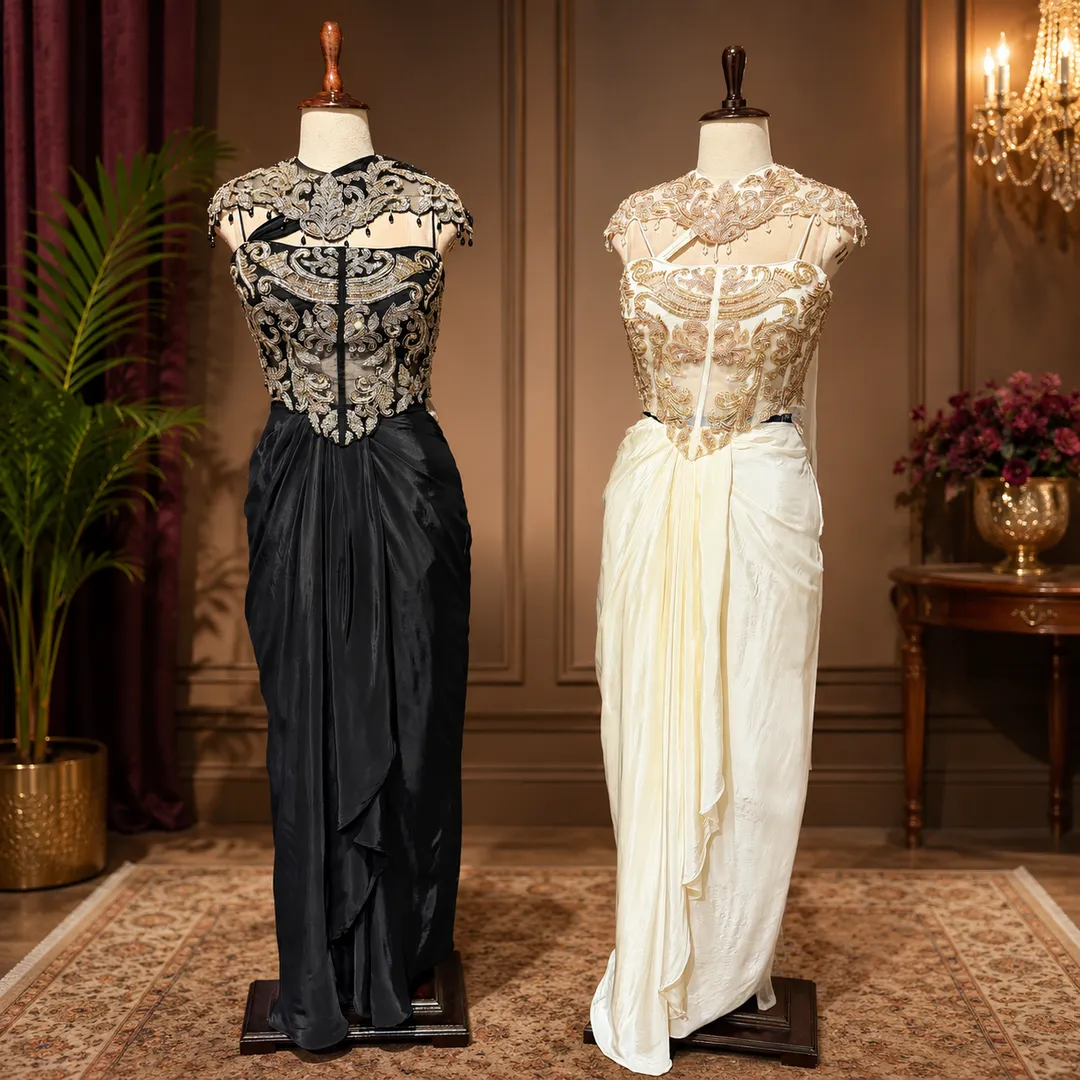 Embroidered Corset-Style Gown with Draped Skirt