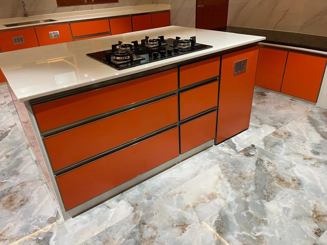 Island Modular Kitchen with Glossy Orange Finish