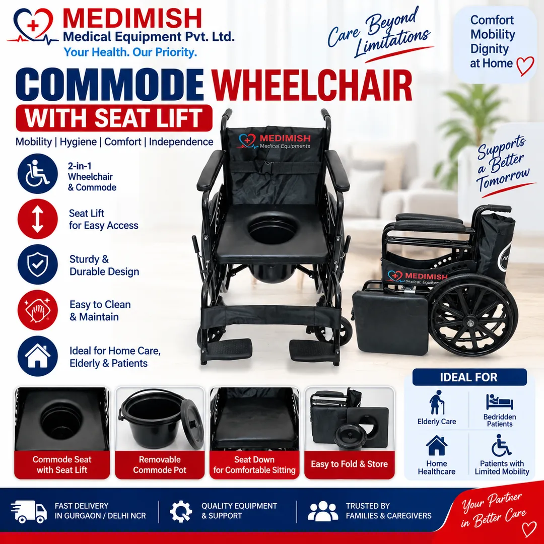 Commode Wheelchair with Seat Lift in Gurgaon | Wheelchair with Commode