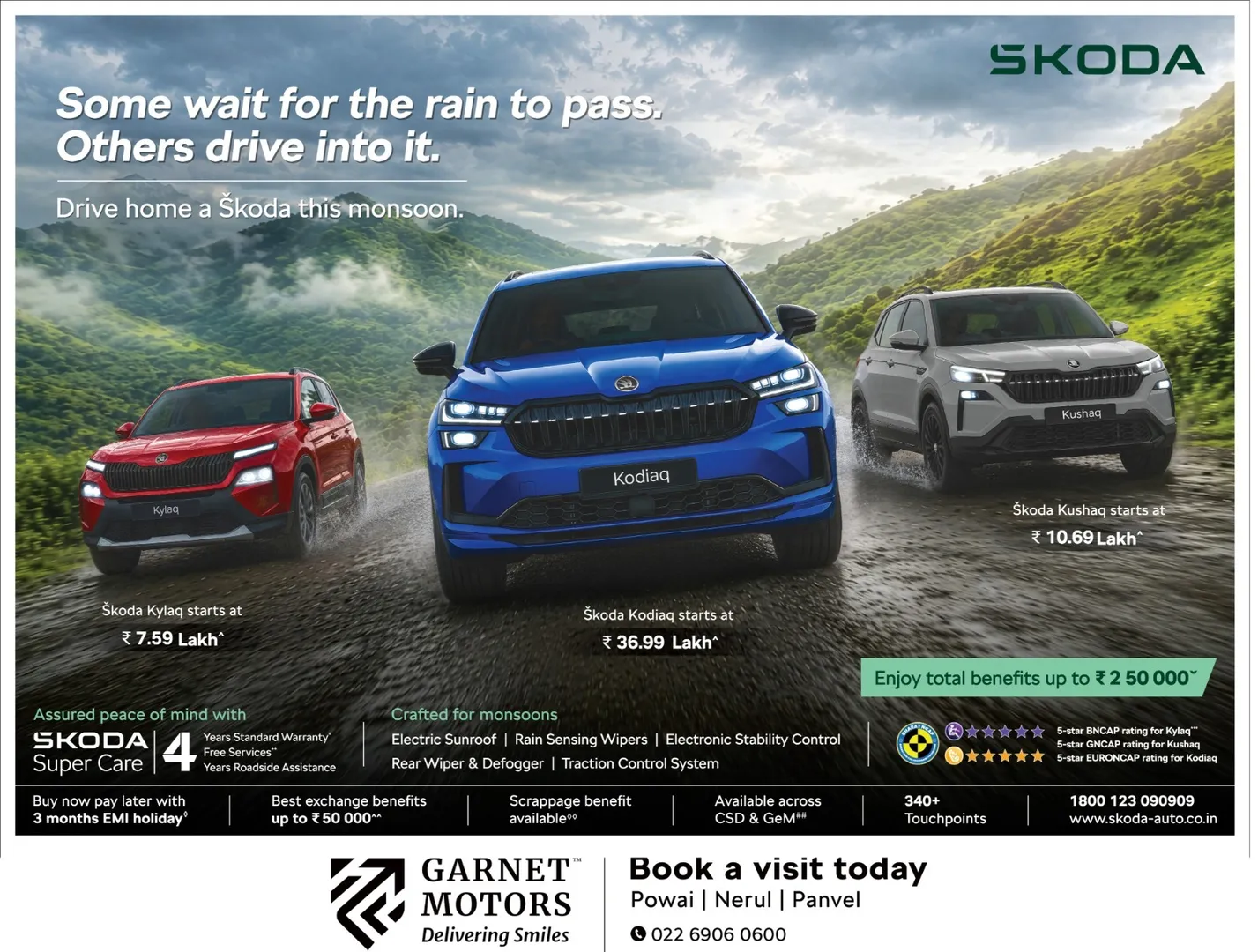 Drive Into the Monsoon with Škoda | Kushaq, Kylaq & Kodiaq Offers in Powai, Nerul & Panvel