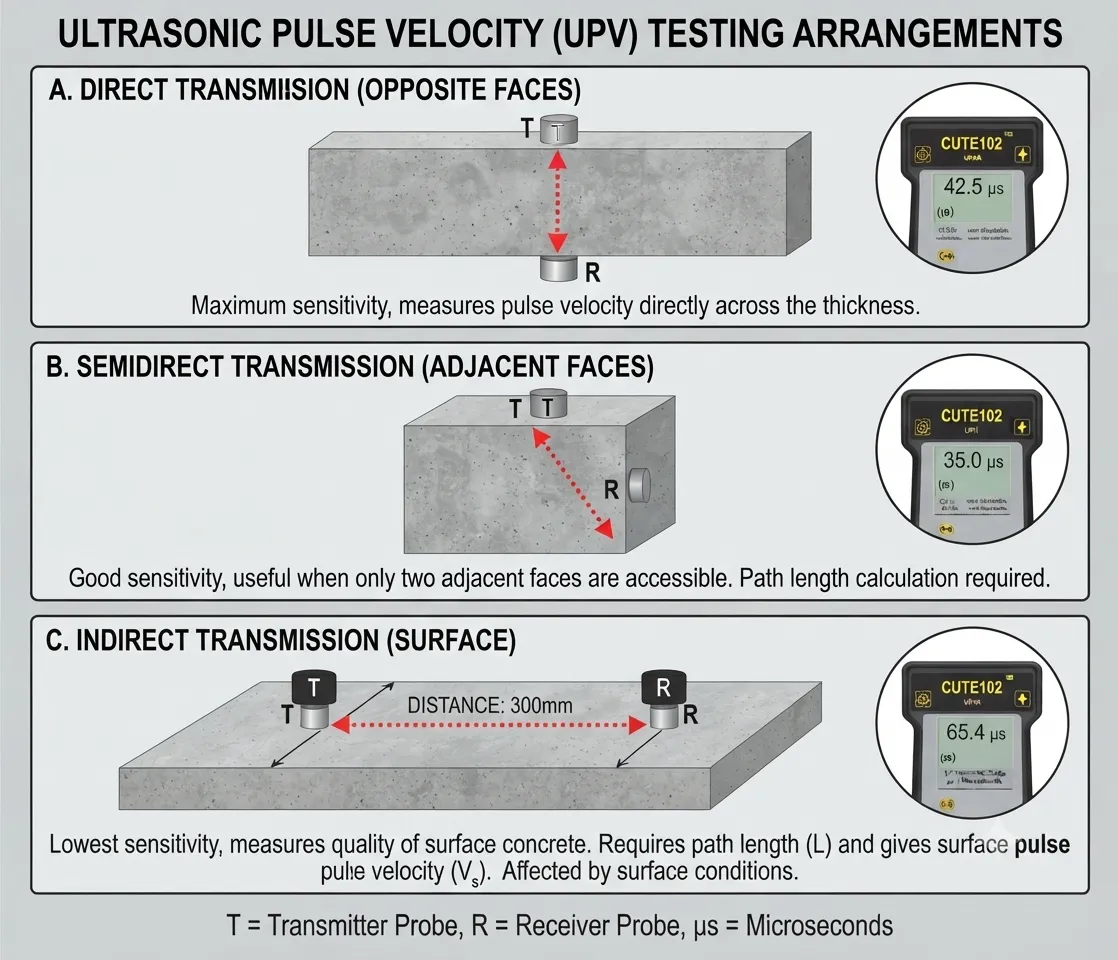 How Do Different UPV Testing Arrangements (Direct, Semi-Direct, Indirect) Compare?