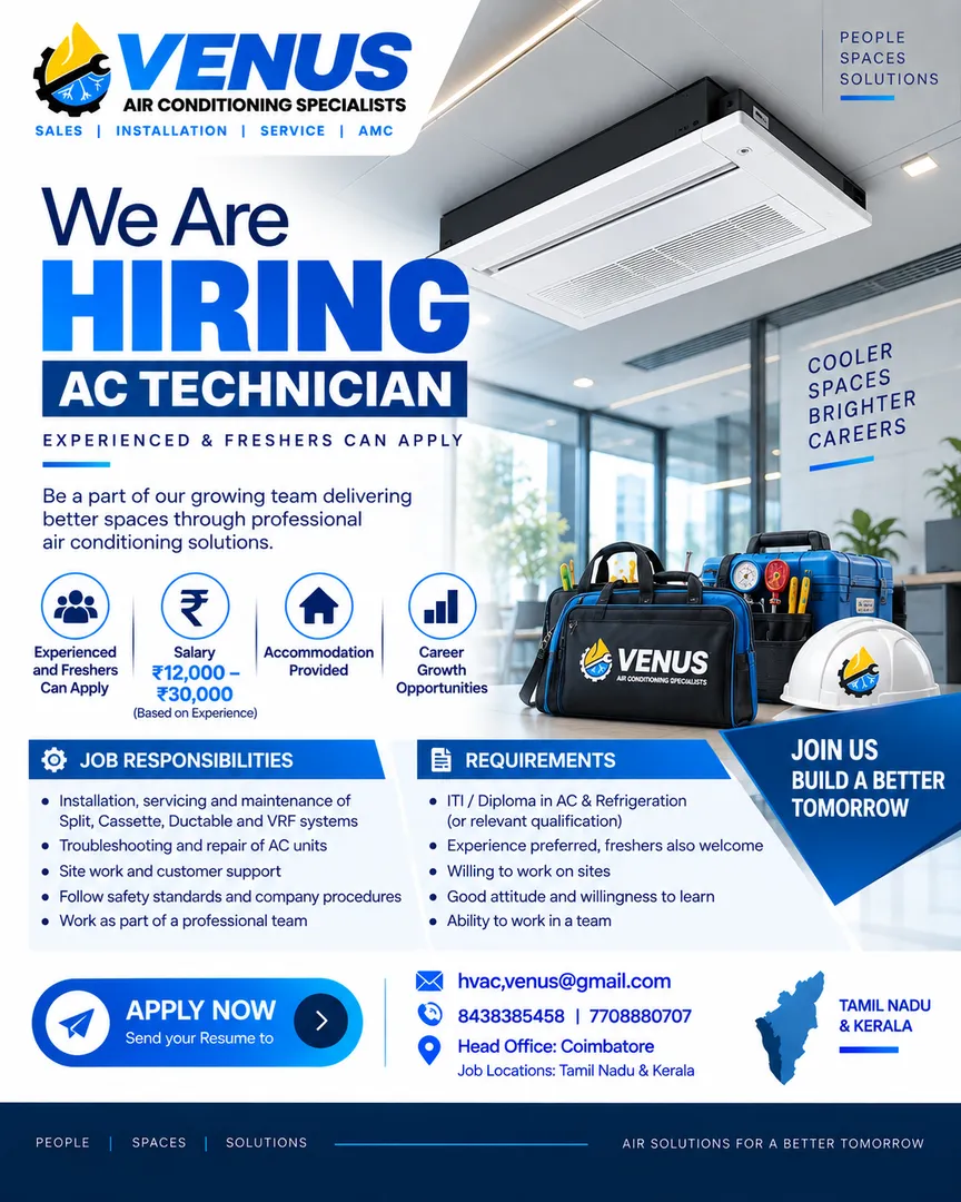 # VENUS AIR CONDITIONING SPECIALIST
## WE ARE HIRING — AC TECHNICIAN
Venus Air Conditioning Specia...