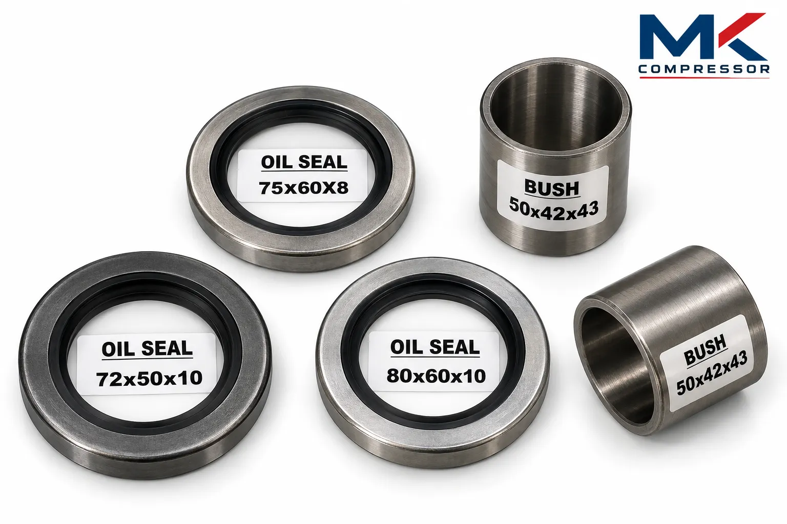 Oil Seal & Bush Sizes for Air Compressors – 75×60×8, 72×50×10, 80×60×10 & 50×42×43 | MK Compressor