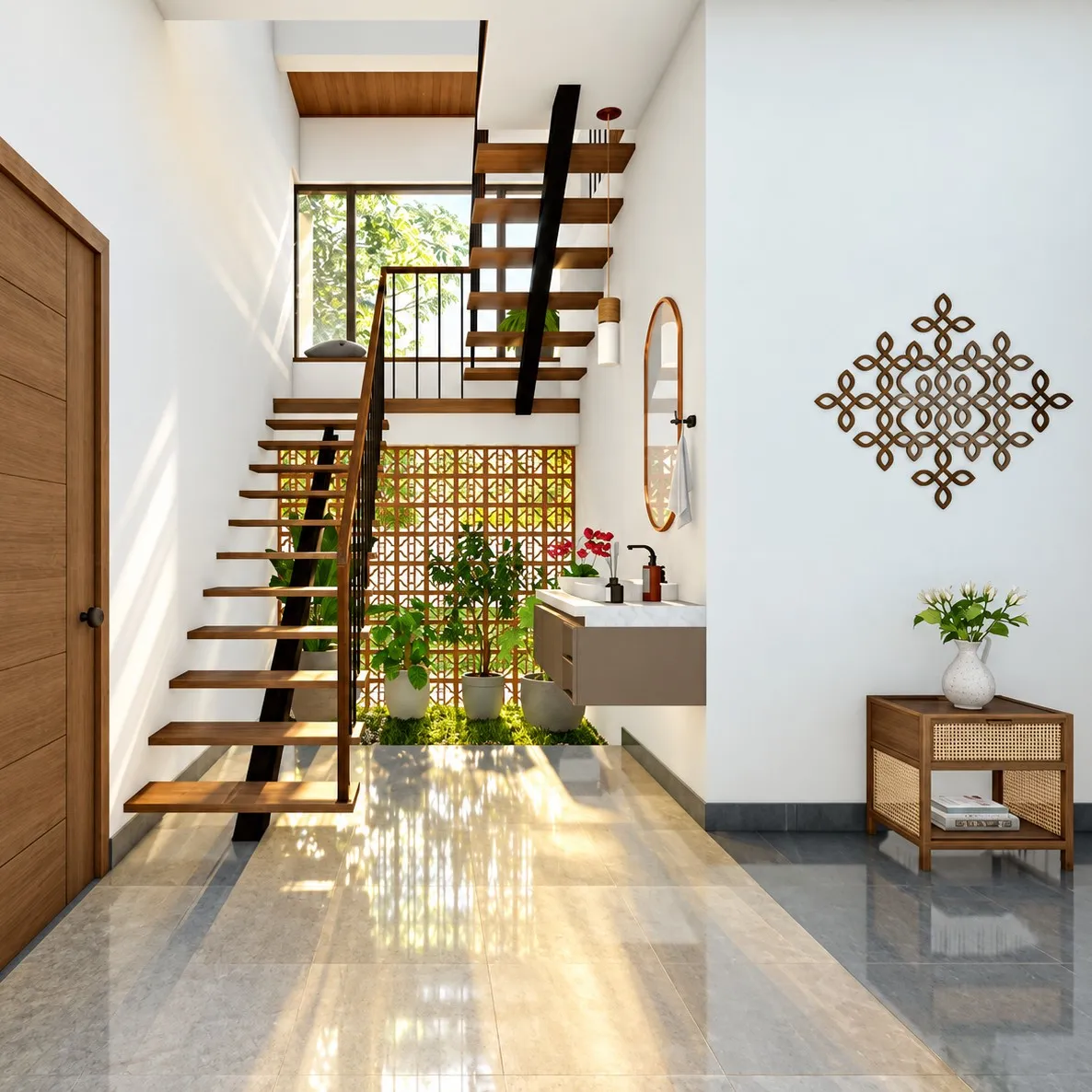 Decorative breeze block partition With Wooden Floating Staircase Design