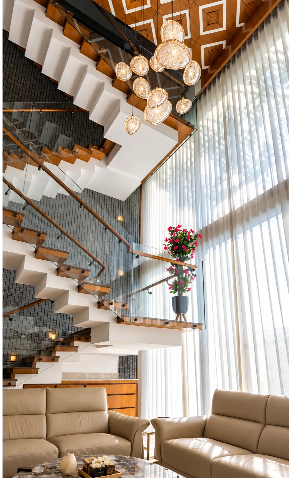 Stylish geometric wooden ceiling staircase design