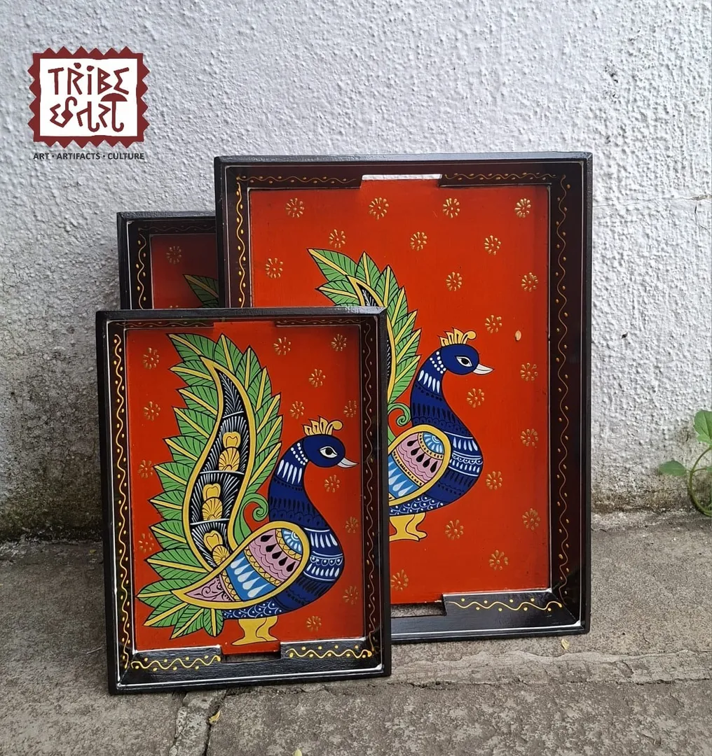 Wooden Hand-Painted Tray Set – Royal Peacock Edition