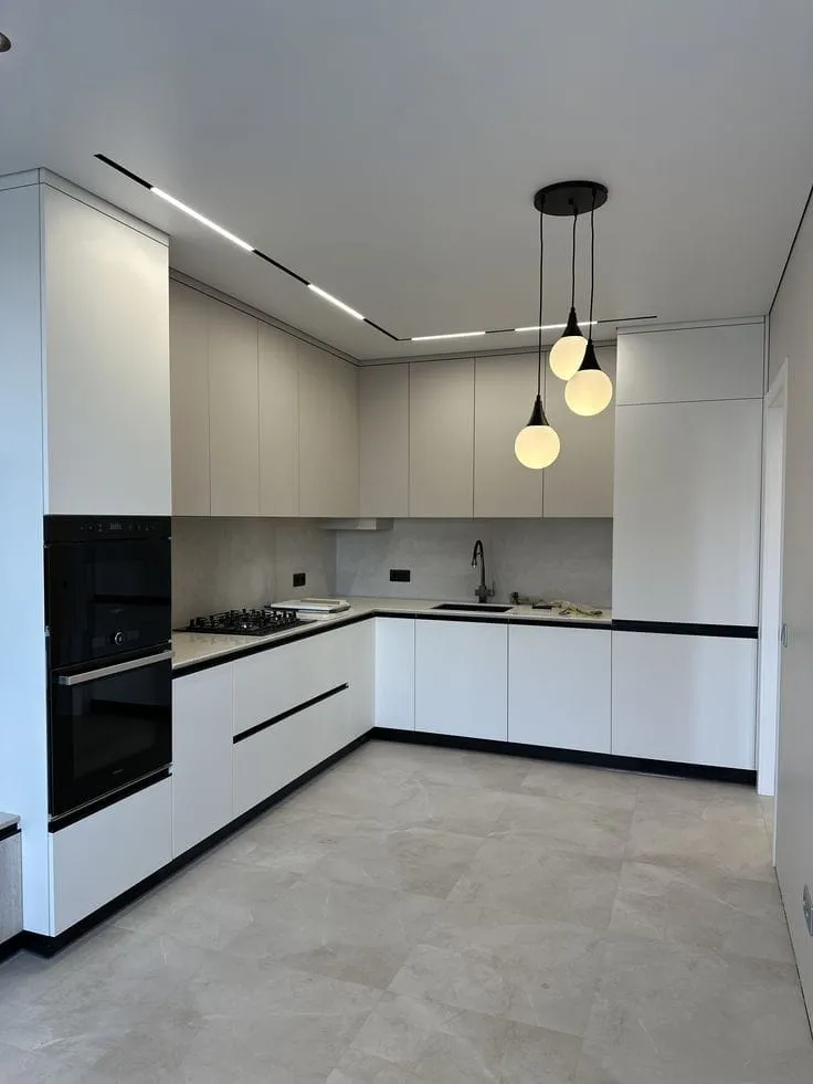 White Modular Kitchen Design with Elegant Black Accents
