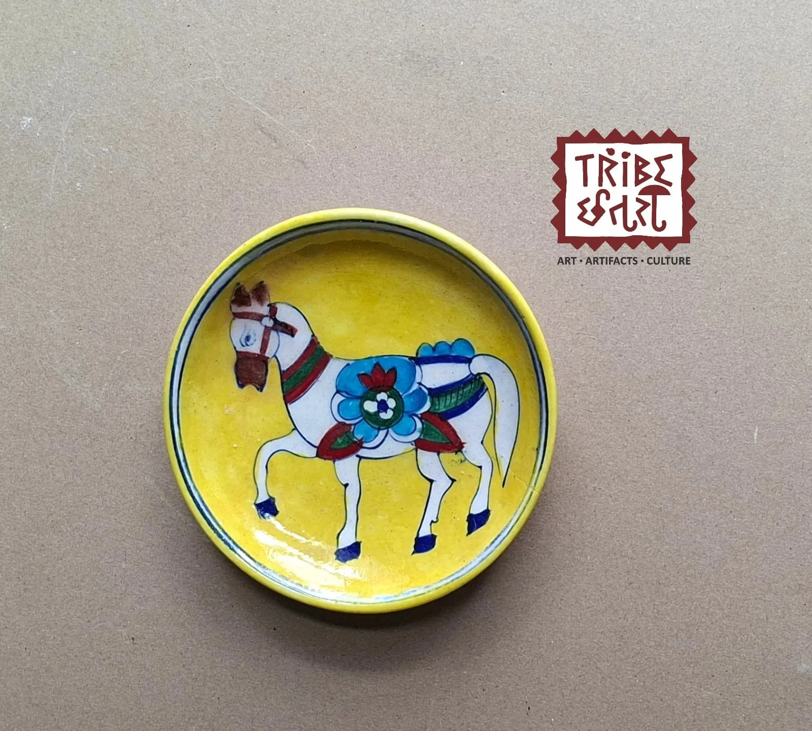 Jaipur Blue Pottery Decorative Plate — Handpainted horse motif Wall Art & Tabletop Décor
