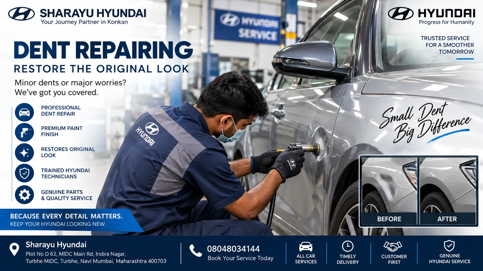 Hyundai Dent Repair & Car Body Service in Turbhe | Sharayu Hyundai Service Center