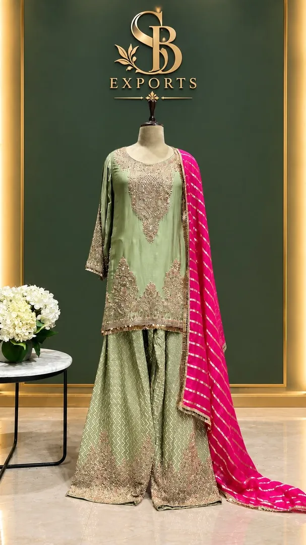 ✨ Elegant Sage Green & Hot Pink Sharara Suit