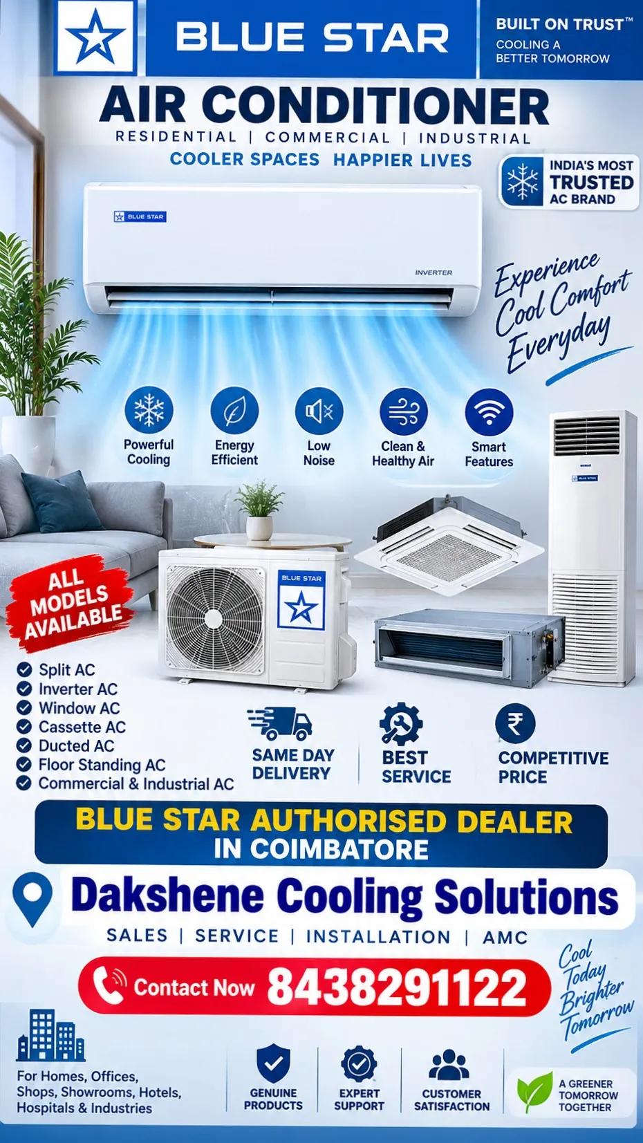 Blue Star Authorised Air Conditioner dealer In Coimbatore Dakshene Cooling Solutions| +918438291122