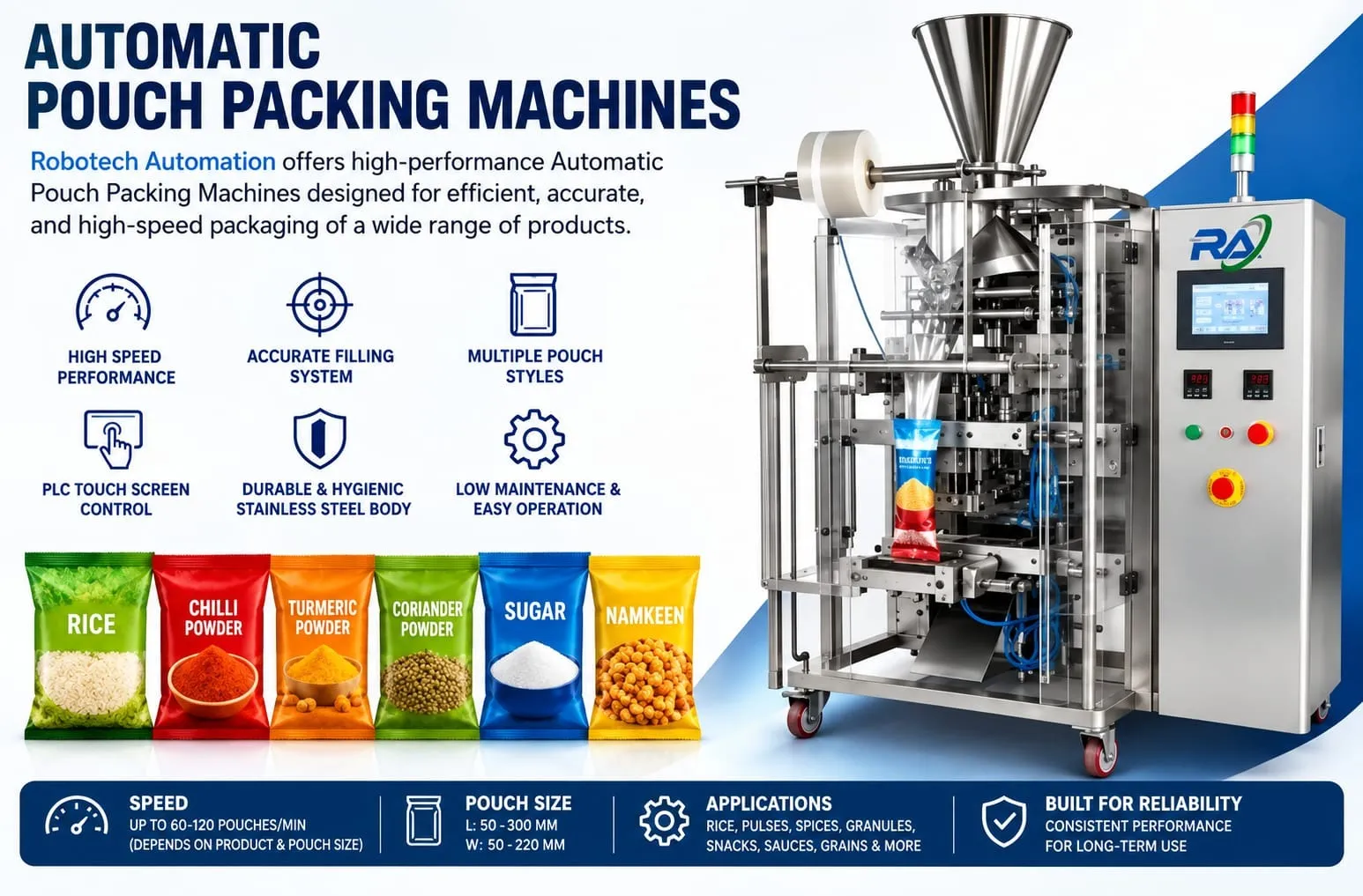 Robotech Automation – Faridabad
Presenting All Kinds of Automatic Pouch Packing Machines
At Robote...