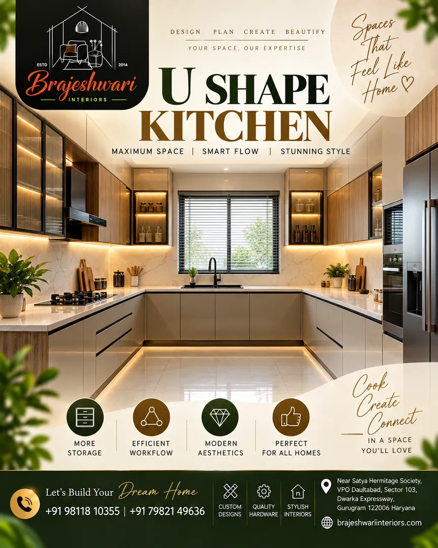 Modern U-Shape Kitchen Design in Gurugram | Brajeshwari Interiors