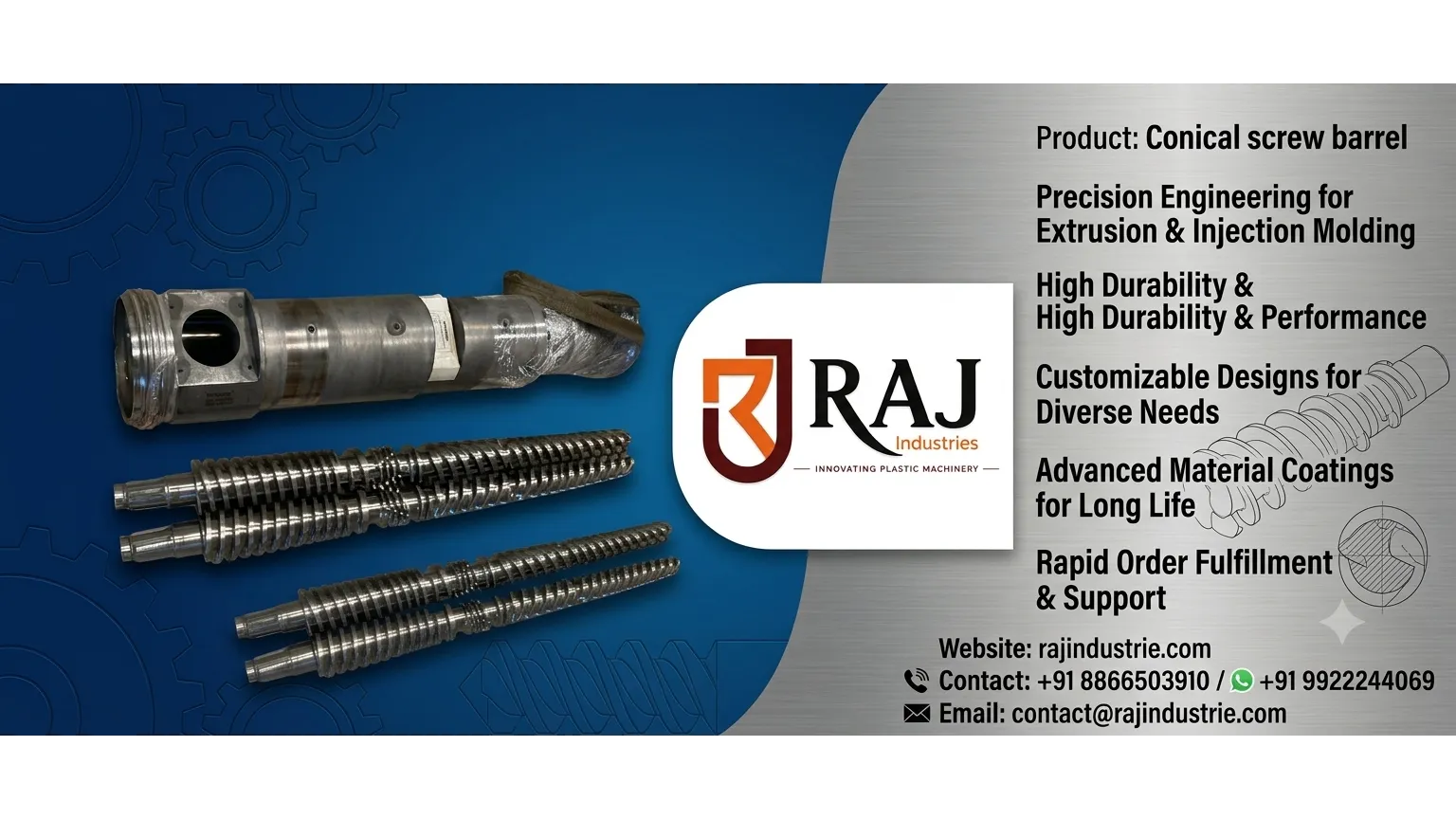 Parallel Conical Screw Barrel Manufacturing in Rajahmundry Andhra Pradesh India