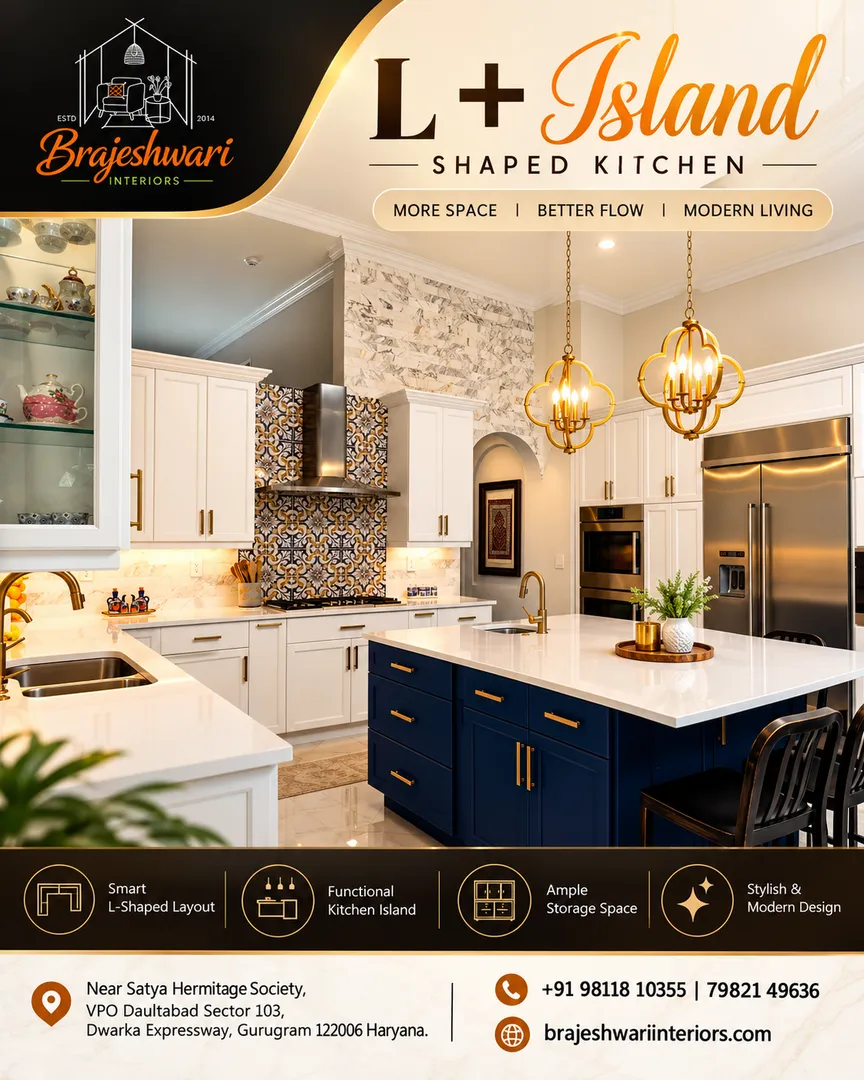 L + Island Shaped Kitchen by Brajeshwari Interiors