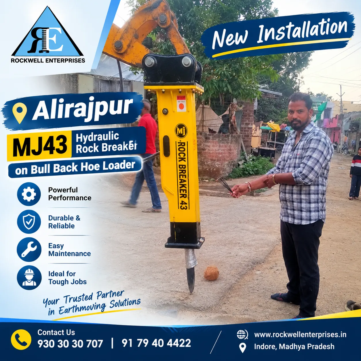 New Installation in Alirajpur – MJ43 Hydraulic Rock Breaker on Bull Back Hoe Loader