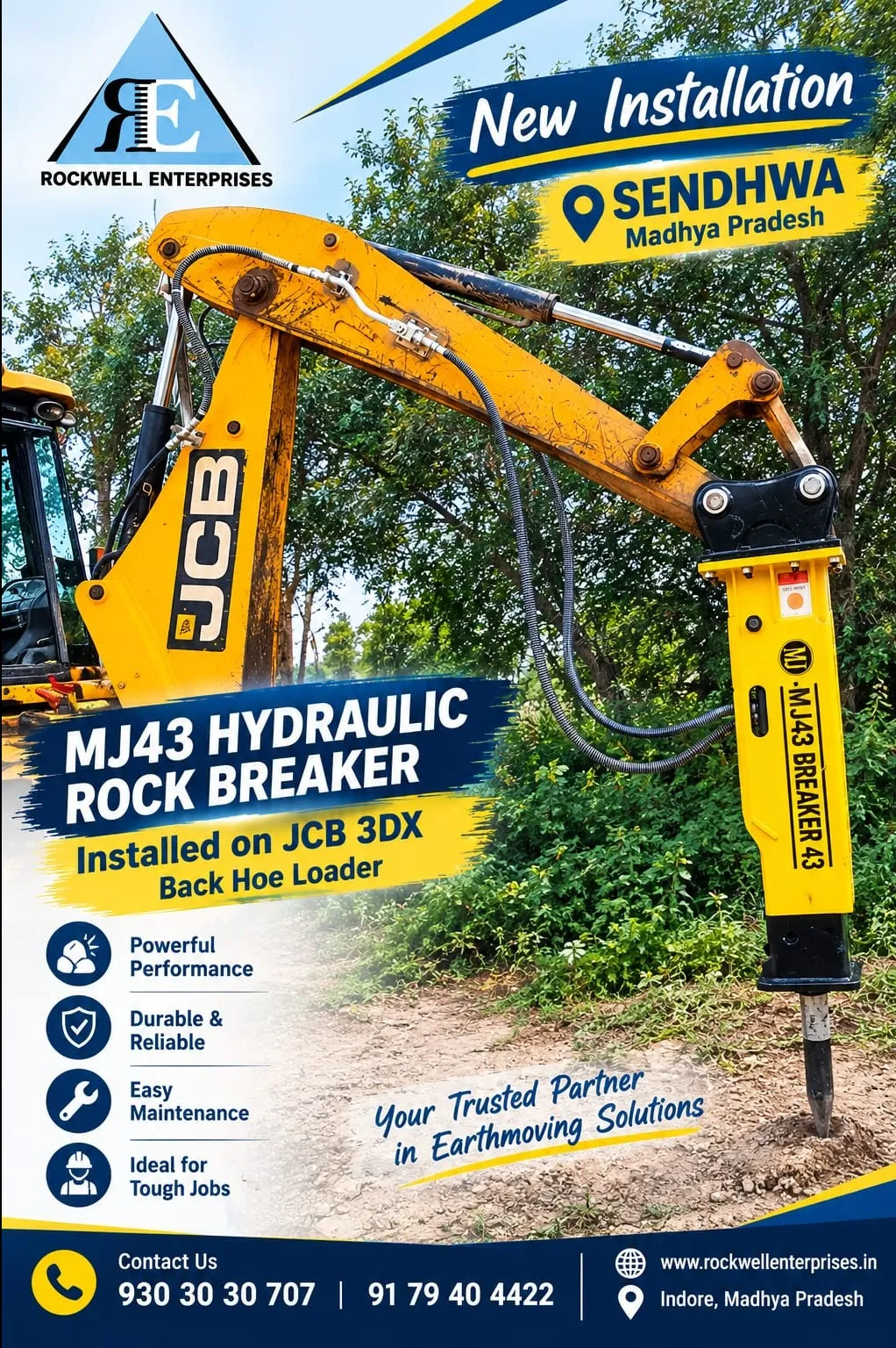 New Installation in Sendhwa – MJ43 Hydraulic Rock Breaker on JCB 3DX