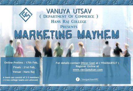 MARKETING MAYHEM - THINK. INITIATE. INNOVATE.
Most marketers create ‘good enough’ and then quit. The greatest ones beat the ‘good enough’ every time.
Well, marketing is everlasting. It is like building castles. You can’t do it once and expect it to last forever. It is the heart of a business. Without marketing, your business may offer the best products or services in your industry, but none of your potential customers would know about it. Without marketing, sales may crash and companies may have to close.
Marketing Mayhem gives you an opportunity to step into the shoes of the marketer and analyze the ever-changing consumer needs and come up with innovative solutions to gain that elusive competitive edge. The event takes the participants through a roller coaster ride ranging from product development to brand resurrection, to winning over your customers with innovative strategies and putting their creativity to a test and thereby emerging as the ultimate winner.
ELIGIBILTY AND INSTRUCTIONS
1. The teams can consist of 2- 3 members.
2. Cross college teams are allowed.
3. THE ONLINE ROUND WILL NOT BE AN ELIMINATION ROUND.
4. The team which wins the online round gets an assured entry into the Finals. Further details about the scoring system to be mentioned later.
5. The on campus event would consist of 3 rounds.
CASH PRIZES: RS.15000+
SCHEDULE:
ONLINE PRELIMS: 17 FEBRUARY 2014
The online prelims would test the innovation skills of the participants requiring them to come up with interesting solutions to a marketer’s problems. If you have heard about ‘Selling ice to the Eskimos’, this would be exactly that and much more. The winner of the online prelims will qualify directly for the finals.
ON CAMPUS ROUNDS:
The on campus rounds would be an exhaustive marketing experience, requiring the participants to stay a step ahead of their competition using their negotiating, selling, analytical and creative skills. The rounds would range from selling your ideas, to selling the resultant products to acquire the largest market share, keeping the participants always on their toes.
Further details would be communicated on the day of the event.
Register here : http://goo.gl/ylIjvY
CONTACT:
DHRUV GOEL
9560668527