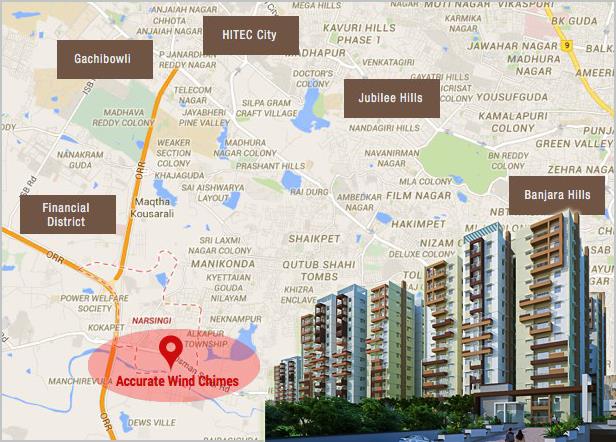 Apartments for sale at Gachibowli:
Hyderabad is being proposed as the second capital of the country. It is presently the capital of Andhra Pradesh and Telangana, It is the largest contributor to the state’s gross domestic product. Hyderabad is the sixth largest city in India and is generally called the Gateway to South India.
Located in the happening city, Accurate Wind Chimes presents first of its kind Child Focused Homes in India.
Accurate Wind Chimes is a Gated Community spread across 6.5 acres. We have a total of 8 towers which is a G+12 high rise project comprising of 582 units.
The location of the project is in close proximity to Gachibowli. It is only a 7 minute drive from financial district. Gachibowli is a growing cosmopolitan area of Hyderabad. Owing to its proximity to the IT hub, it is a preferred residential location for IT professionals. Companies such as TCS, Microsoft, and Accenture are amongst the many that have their offices in this area.
The cost of residential apartments are not too steep in this area which makes accommodation in this area a great option. We offer 2Bhk and 3Bhk ready possession units. Our 1st tower delivery is one year ahead of schedule.