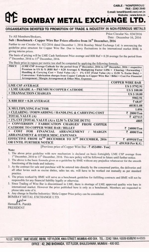 DEAR CLIENT
PL FIND ATTACH BME PRICE FOR 16/12/2016